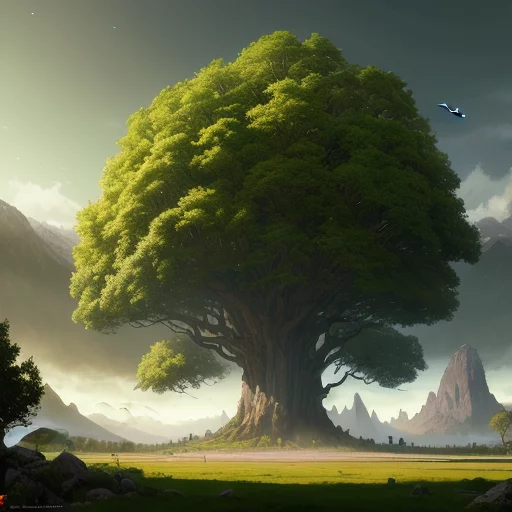 4966047459-Landscape with green trees and mountains Center very big tree the world tree,night,concept art oil painting by Jama Jurabaev, ex.webp